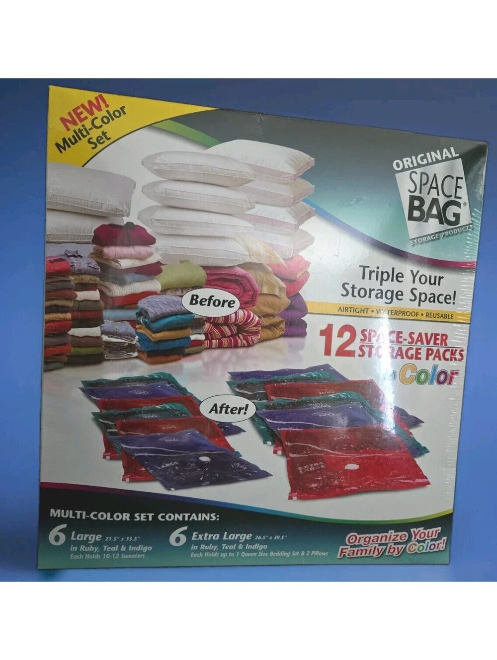 Original Space Bag Multi Color Set of 12 Space Saving Bags 6 Lg & 6 XL New
